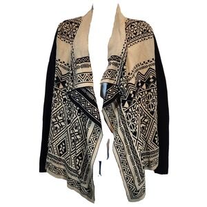 Lucky Brand Women Aztec Waterfall Cardigan Size L Black Beige Open Front Western
